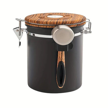 1500ml 304 Stainless Steel Coffee Canister Airtight Coffee Bean Storage Jar with Wood Grain Lid and Scoop