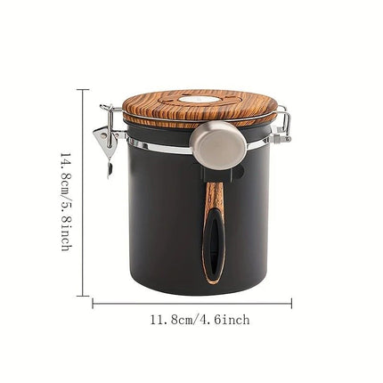 1500ml 304 Stainless Steel Coffee Canister Airtight Coffee Bean Storage Jar with Wood Grain Lid and Scoop