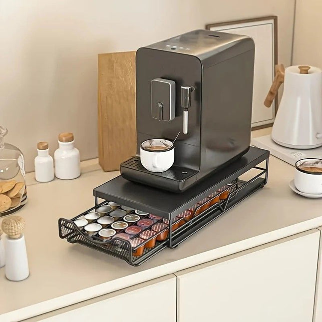 1pc Metal Coffee Capsule Storage Box Drawer Style Dustproof Organizer with Adjustable Grid for Tea