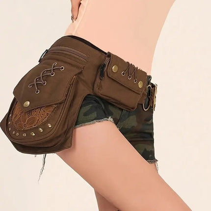 Retro Casual European and American Style Simple and Fashionable Multifunctional Waist Bag, High-Quality Design with Lace Stitching, Rivets, Tie-Fasten Belt Decoration, Daily Portable Practical Outdoor Sports Phone Bag
