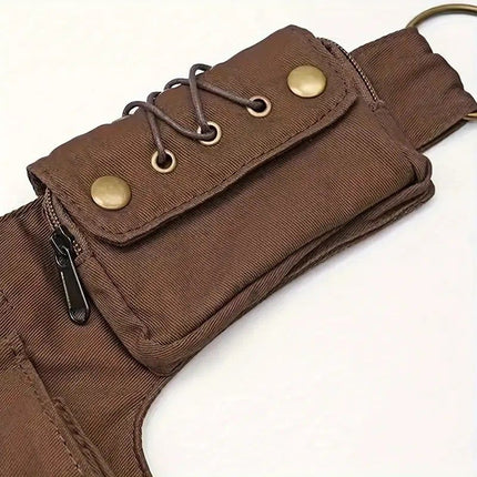 Retro Casual European and American Style Simple and Fashionable Multifunctional Waist Bag, High-Quality Design with Lace Stitching, Rivets, Tie-Fasten Belt Decoration, Daily Portable Practical Outdoor Sports Phone Bag