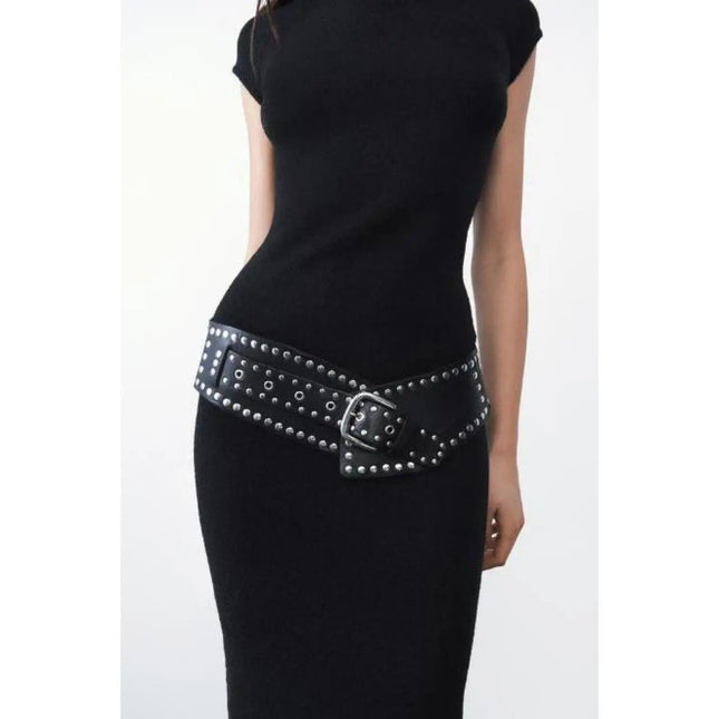 Women's Punk-Style PU Belt Metal Stud and Buckle Decoration Daily Streetwear Personality Accessory (Black – product detail