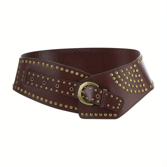 Women's Punk-Style PU Belt Metal Stud and Buckle Decoration Daily Streetwear Personality Accessory(Bright