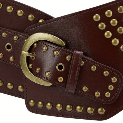 Women's Punk-Style PU Belt: Metal Stud and Buckle Decoration, Daily Streetwear Personality Accessory（Bright brown）