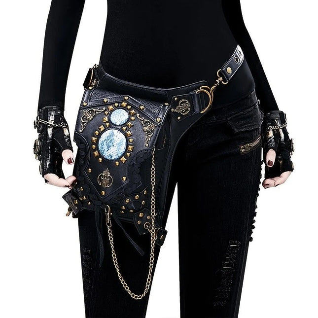 Steampunk-style Adjustable Waist Bag Retro Chains and Rivets Decoration PU Leather Multi-function Shoulder