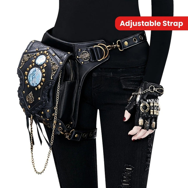 Steampunk-style Adjustable Waist Bag Retro Chains and Rivets Decoration PU Leather Multi-function Shoulder – product detail