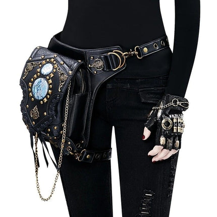 Steampunk-style Adjustable Waist Bag: Retro Chains and Rivets Decoration, PU Leather Multi-function Shoulder Crossbody Bag for Trendy Matching