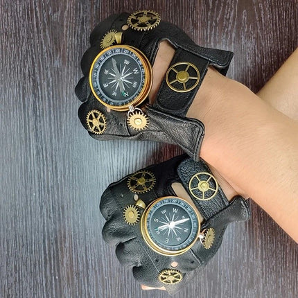 Steampunk Compass Half - Finger Gloves: Pure Sheepskin with Gear Decor, Retro Mechanical Style, Flexible & Versatile。golden