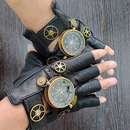 Steampunk Compass Half - Finger Gloves: Pure Sheepskin with Gear Decor, Retro Mechanical Style, Flexible & Versatile。golden