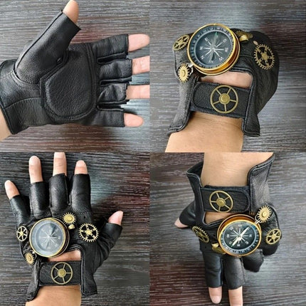 Steampunk Compass Half - Finger Gloves: Pure Sheepskin with Gear Decor, Retro Mechanical Style, Flexible & Versatile。golden
