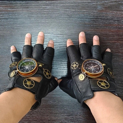 Steampunk Compass Half - Finger Gloves: Pure Sheepskin with Gear Decor, Retro Mechanical Style, Flexible & Versatile。golden