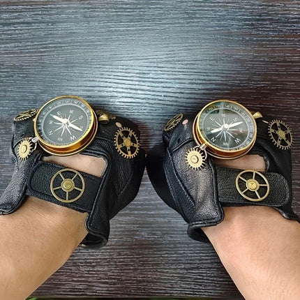 Steampunk Compass Half - Finger Gloves: Pure Sheepskin with Gear Decor, Retro Mechanical Style, Flexible & Versatile。silver