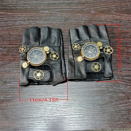Steampunk Compass Half - Finger Gloves: Pure Sheepskin with Gear Decor, Retro Mechanical Style, Flexible & Versatile。silver