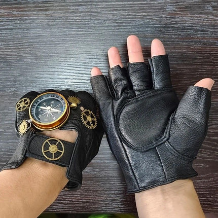 Steampunk Compass Half - Finger Gloves: Pure Sheepskin with Gear Decor, Retro Mechanical Style, Flexible & Versatile。silver