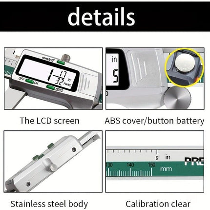 Stainless Steel Digital Caliper 150mm 6 Inch LCD Three Mode Metric Imperial Fractional One Touch Switch with Protective Case for Machinery DIY Precise Measurement