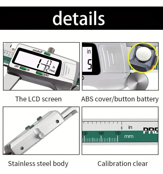 Stainless Steel Digital Caliper 150mm 6 Inch LCD Three Mode Metric Imperial Fractional One Touch – product detail