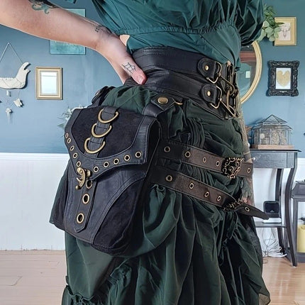 Steampunk PU Leather Waist Bag: Adjustable Waist Size with Rivet Detailing, Versatile as a Retro Leg Bag or Belt, Unisex for Motorcycle Riding and Stylish Outfits
