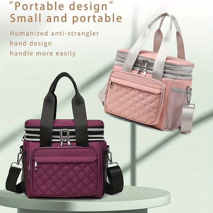 PINK Large Capacity Travel Bag / Lunch Bag. Expandable 5cm, Multi-Compartment Storage, Hand/Shoulder Carry, Multi-Color Portable for Trips