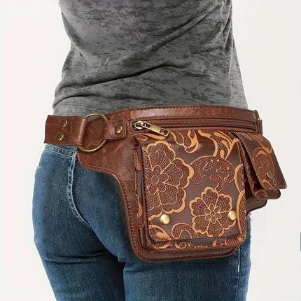 Printed Handmade Multi-functional Waist Bag: Adjustable for Chest Bag Use, Retro Print Multi-buckle Design, Practical for Stylish Pairing.brown