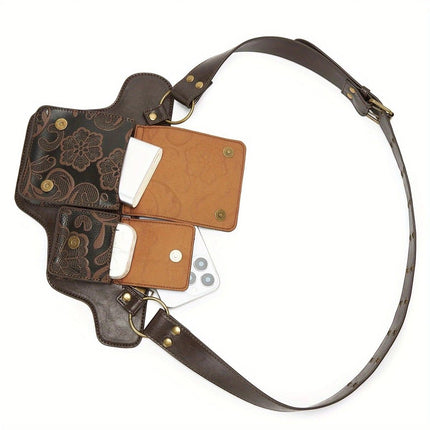 Printed Handmade Multi-functional Waist Bag: Adjustable for Chest Bag Use, Retro Print Multi-buckle Design, Practical for Stylish Pairing.reddish brown