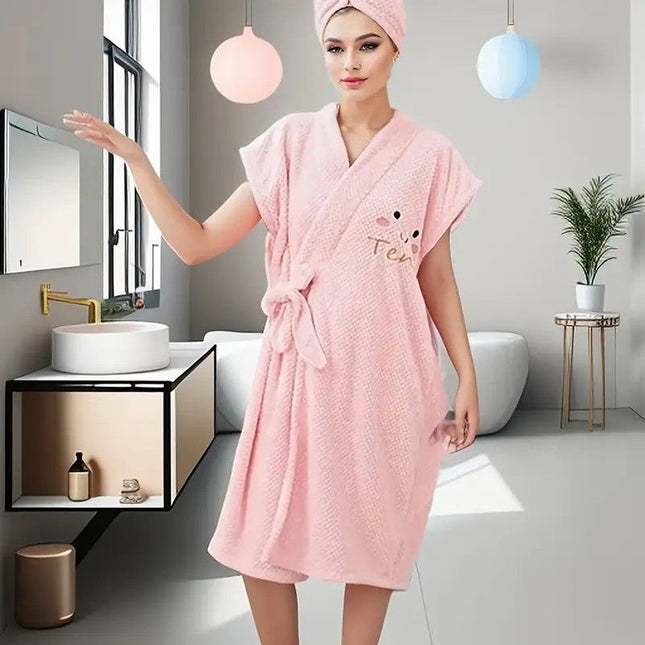 Women's Coral Fleece Pineapple Grid Two-Piece Set Cloud-Like Touch Adjustable Bath Robe Plus Hair Towel