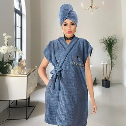 Women's Coral Fleece Pineapple Grid Two-Piece Set | Cloud-Like Touch Adjustable Bath Robe + Hair Towel, Adjustable Tie Belt, Suitable for Daily Home Use(Qingxin powder)