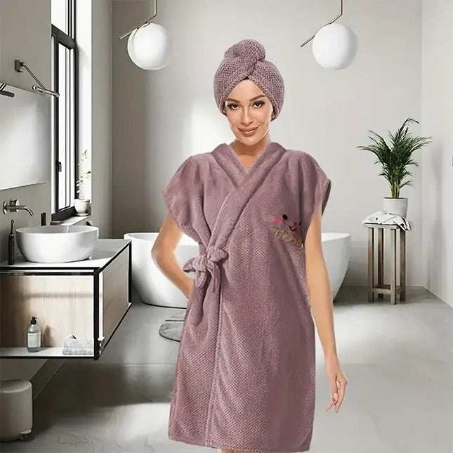 Women's Coral Fleece Pineapple Grid Two-Piece Set Cloud-Like Touch Adjustable Bath Robe Plus Hair