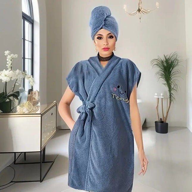 Women's Coral Fleece Pineapple Grid Two-Piece Set Cloud-Like Touch Adjustable Bath Robe Plus Hair Towel