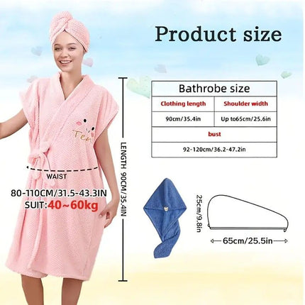 Women's Coral Fleece Pineapple Grid Two-Piece Set | Cloud-Like Touch Adjustable Bath Robe + Hair Towel, Adjustable Tie Belt, Suitable for Daily Home Use(Haze blue)
