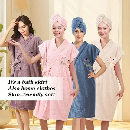 Women's Coral Fleece Pineapple Grid Two-Piece Set | Cloud-Like Touch Adjustable Bath Robe + Hair Towel, Adjustable Tie Belt, Suitable for Daily Home Use(Haze blue)