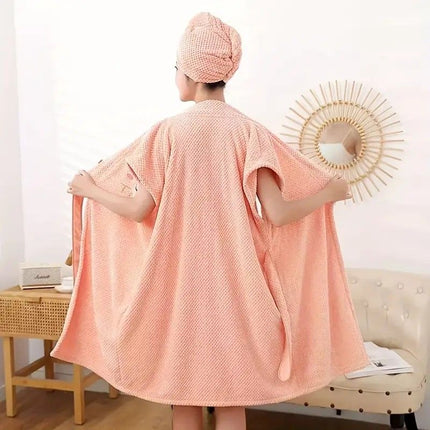 Women's Coral Fleece Pineapple Grid Two-Piece Set | Cloud-Like Touch Adjustable Bath Robe + Hair Towel, Adjustable Tie Belt, Suitable for Daily Home Use(Haze blue)