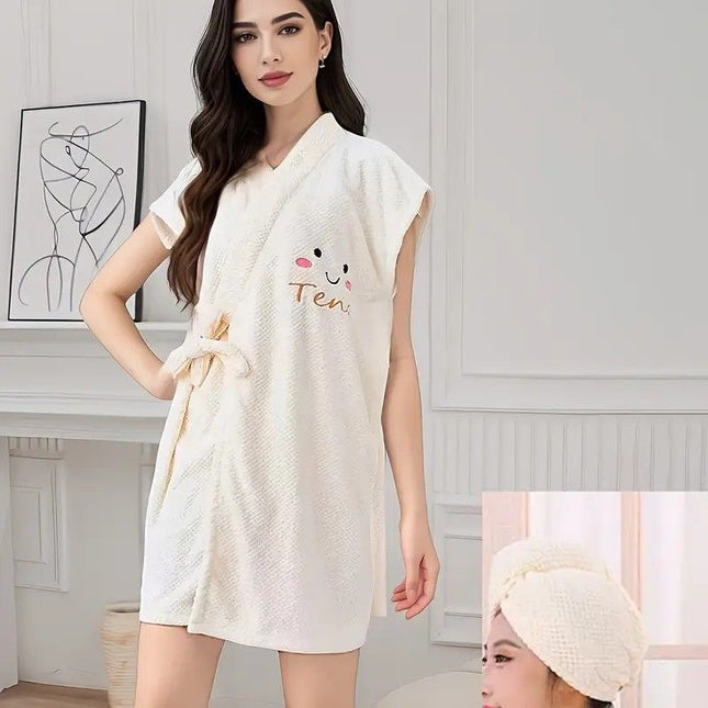 Women's Coral Fleece Pineapple Grid Two-Piece Set Cloud-Like Touch Adjustable Bath Robe Plus Hair Towel