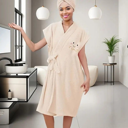 Women's Coral Fleece Pineapple Grid Two-Piece Set | Cloud-Like Touch Adjustable Bath Robe + Hair Towel, Adjustable Tie Belt, Suitable for Daily Home Use(Cream white)
