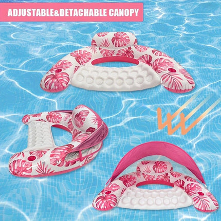 Adult Pool Floating Bed with Canopy: Upgraded Large Space, Adjustable Shade, Ergonomic Headrest, Dual Cup Holders, Portable and Comfortable。PINK