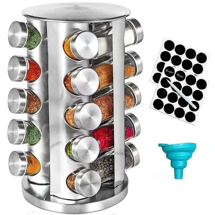 20 Glass Jars with Labels, Transparent, Rotating Spice Tower