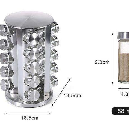 20 Glass Jars with Labels, Transparent, Rotating Spice Tower