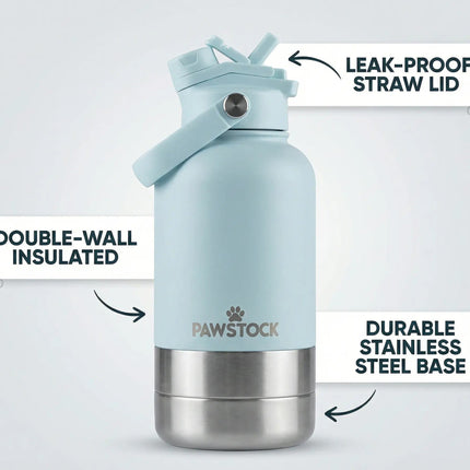 Pawstock 3-in-1 Insulated Dog Water Bottle with Dual Bowls – 1L Stainless Steel Travel Bottle-Aqua