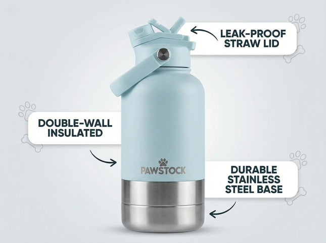 Pawstock 3-in-1 Insulated Dog Water Bottle with Dual Bowls