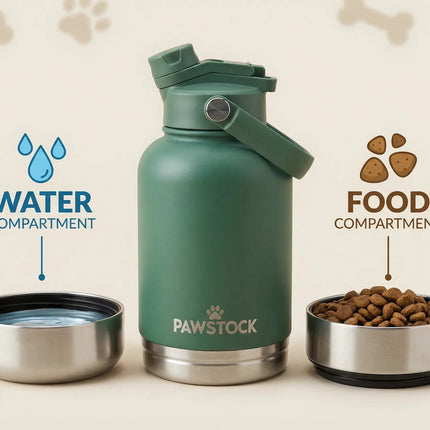 Pawstock 3-in-1 Insulated Dog Water Bottle with Dual Bowls – 1L Stainless Steel Travel Bottle-Rainforest Green