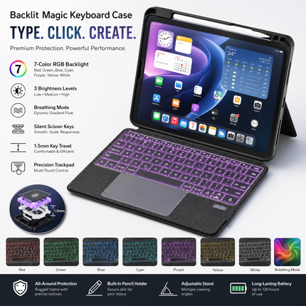 SENYOSON Black iPad Keyboard Case for iPad 7th 8th 9th Generation 10.2 Inch 2019/2020/2021 & iPad Air 3 10.5 Inch 2019, Ultra-Light Magnetic Detachable Keyboard with 7-Color Backlit, Large Precision Trackpad, Writing/Viewing Modes