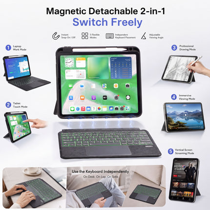 SENYOSON Black iPad Keyboard Case for iPad 7th 8th 9th Generation 10.2 Inch 2019/2020/2021 & iPad Air 3 10.5 Inch 2019, Ultra-Light Magnetic Detachable Keyboard with 7-Color Backlit, Large Precision Trackpad, Writing/Viewing Modes