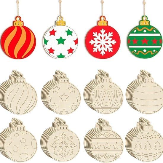 40Pcs DIY Wooden Christmas Ornaments Unfinished Wood Baubles for Xmas Tree Party Decorations Christmas Gift