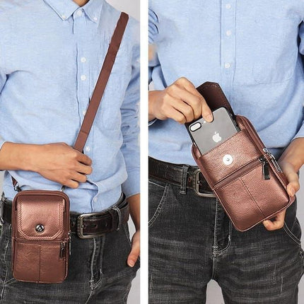 Men’s Leather Phone Waist Bag, Vertical Belt Pouch, Multi‑Purpose Crossbody Shoulder Smartphone Holder
