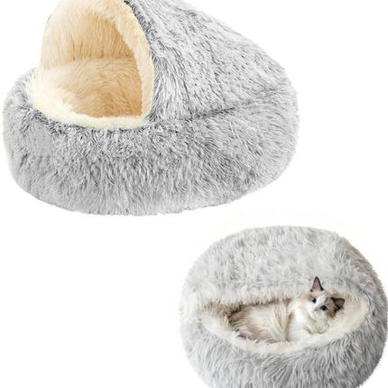Cave Cat Bed 40cm, Donut Calming Anti‑Anxiety Pet Bed, Grey‑White for Cats & Small Dogs