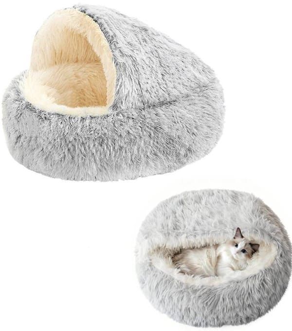 Cave Cat Bed 40cm Donut Calming Anti Anxiety Pet Bed Grey White for Cats & Small Dogs