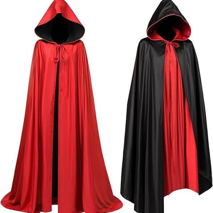 Reversible Hooded Long Cape, Black & Red Double‑Sided Unisex Cloak, Halloween Cosplay Costume for Vampire Reaper Witch Pirate