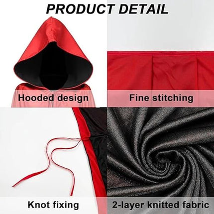 Reversible Hooded Long Cape, Black & Red Double‑Sided Unisex Cloak, Halloween Cosplay Costume for Vampire Reaper Witch Pirate