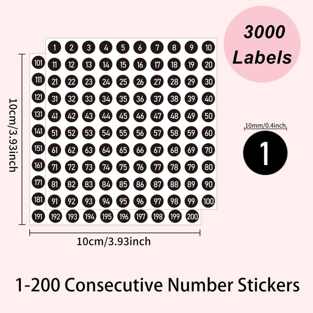 3000 PCS Number Stickers Labels 0.4'' Black Consecutive Number Stickers 1-200 Vinyl Numbered