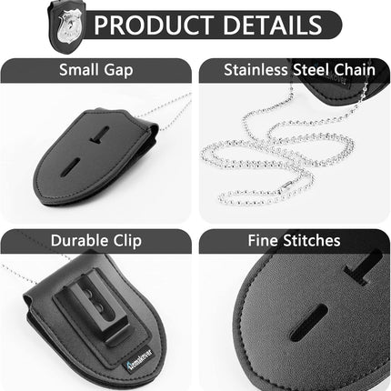 1 Pack Sheriff Badge Shield Holder with Faux Leather Wrapped Heavy Duty Steel Belt Clip with Stainless Steel Necklace, Universal, Black, Deputy Badge Holder, 8x3 inch (1 Pack)