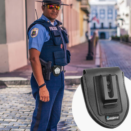 1 Pack Sheriff Badge Shield Holder with Faux Leather Wrapped Heavy Duty Steel Belt Clip with Stainless Steel Necklace, Universal, Black, Deputy Badge Holder, 8x3 inch (1 Pack)